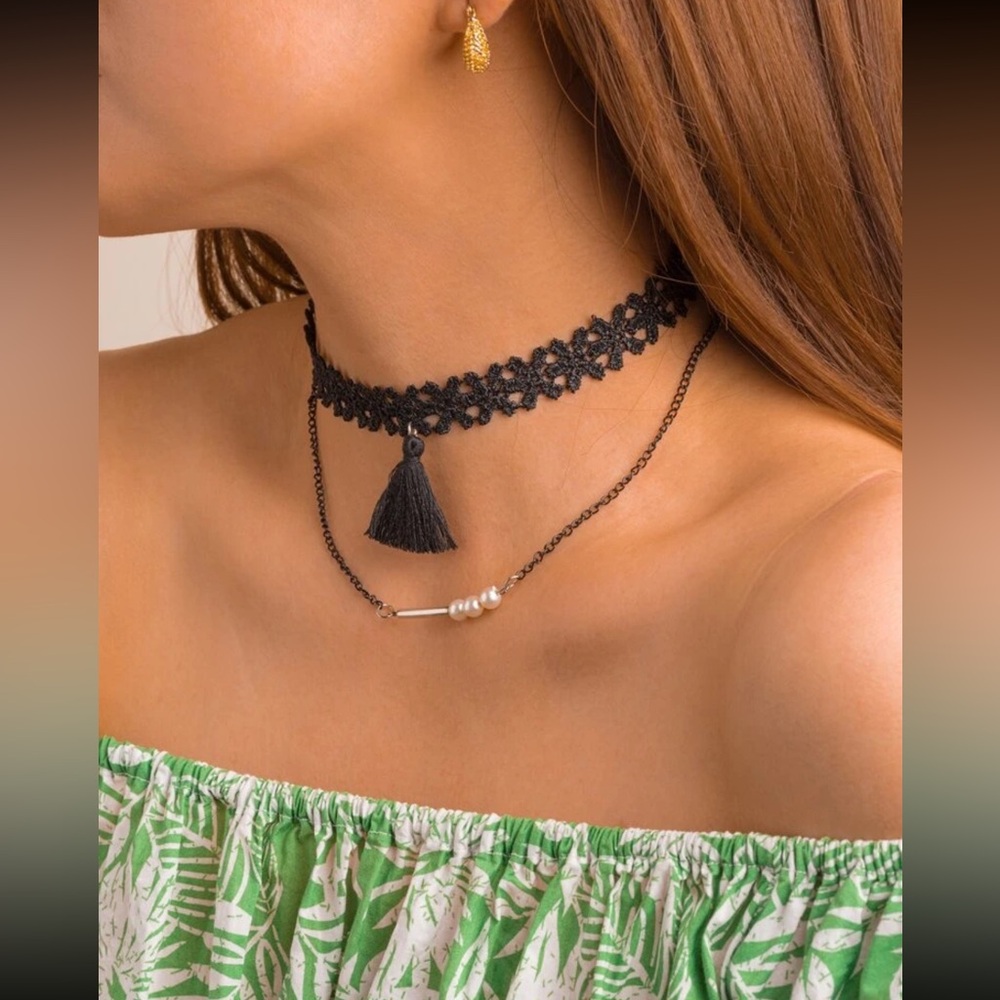 🖤 Awesome Layered Lace Tassel Faux Pearl Choker 🖤